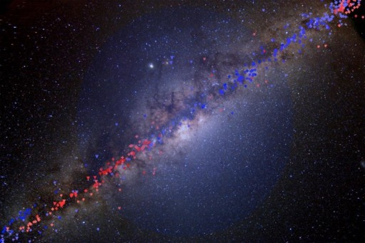 The image displays the rotation curve tracer gases from the publication  over a photograph of the disc of the Milky Way Galaxy as seen from the Southern Hemisphere. The tracers are colour-coded in blue or red according to their relative Doppler motion with respect to the Sun. The spherically symmetric blue halo illustrates the dark matter distribution inferred from the analysis. Credit: Background photo: Serge Brunier / NASA